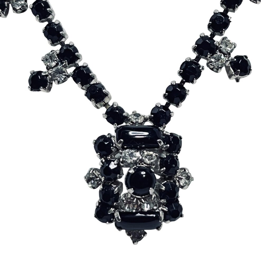 Silver Tone With Prong Set Black And Clear Rhinestone Statement Necklace (5809) - Picture 3 of 9